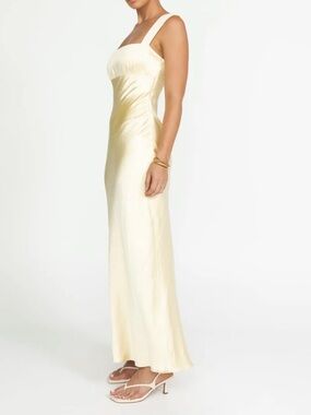 Vintage-Style Butter Yellow Satin Maxi Dress